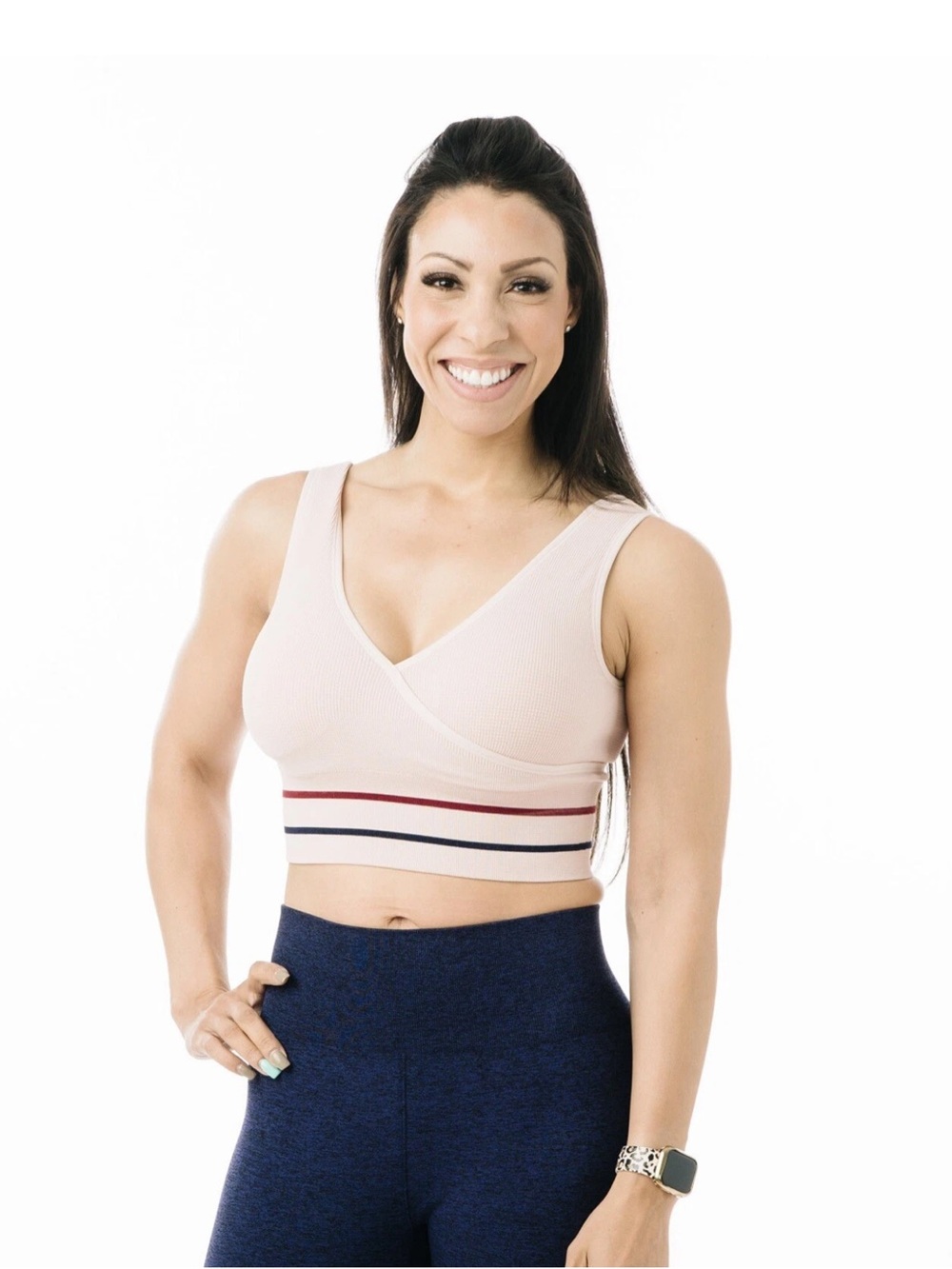 Zyia Active Blush Blossom Ribbed Waffle Stripe V-Neck Wide Strap Sports Bra NWOT